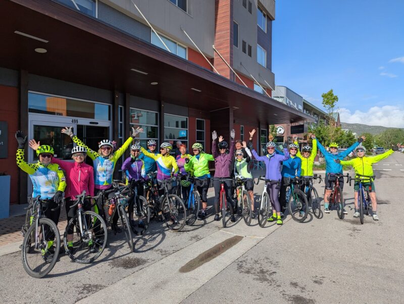Venus sisters posing pre-ride in front of the Element Hotel in Basalt, CO