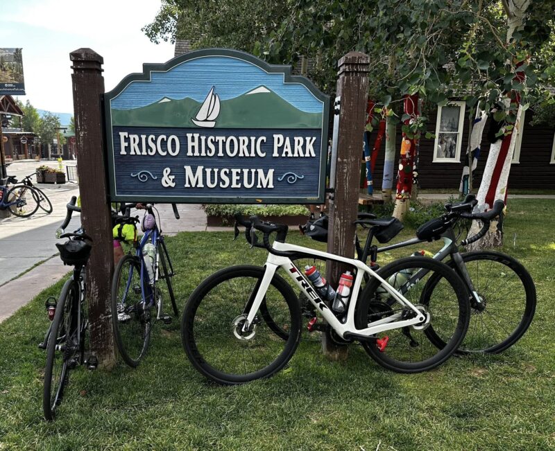 A bike leaning against Frisco Historic Park & Museum sign